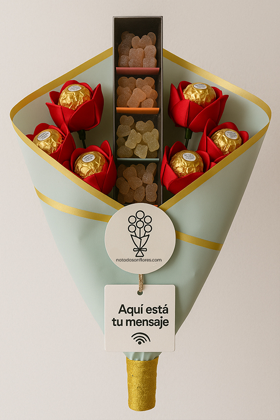 Un ramo que parece formal… hasta que aparecen las gominolas, el chocolate y tu mensaje secreto.