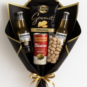 Un ramo muy serio… hasta que lo abres y empieza el aperitivo (con mensaje incluido).