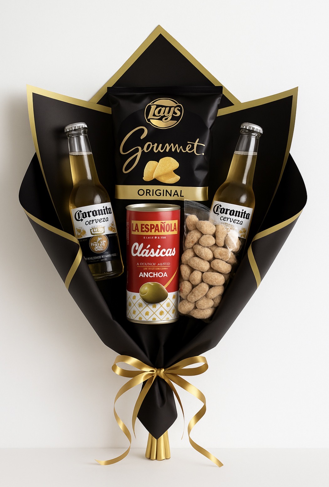 Un ramo muy serio… hasta que lo abres y empieza el aperitivo (con mensaje incluido).