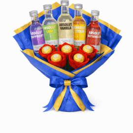 Ramo degustación Vodka Absolut + 5 bombones Disfrazados de Rosa + mensaje dedicatoria